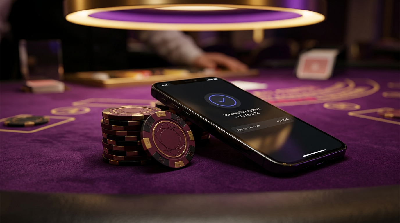 Moderní smartphone s aplikací Revolut na kasinovém stole s žetony